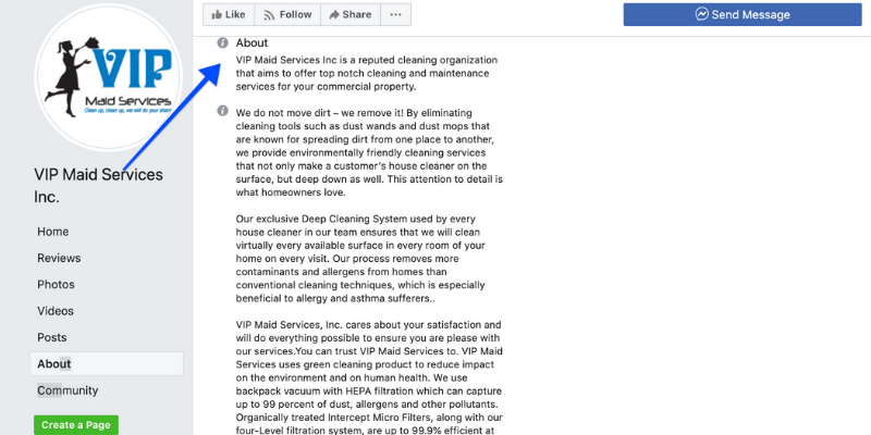 Image of VIP maid services' about section on facebook.