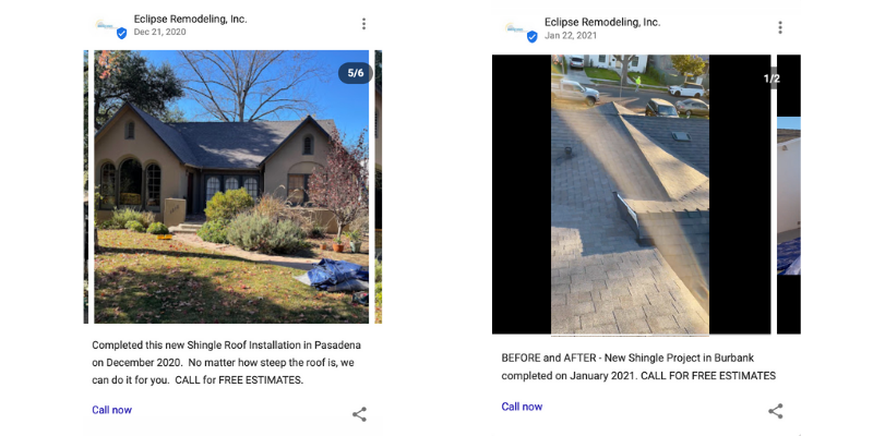 Screenshots of a google my business post from eclipse remodeling.