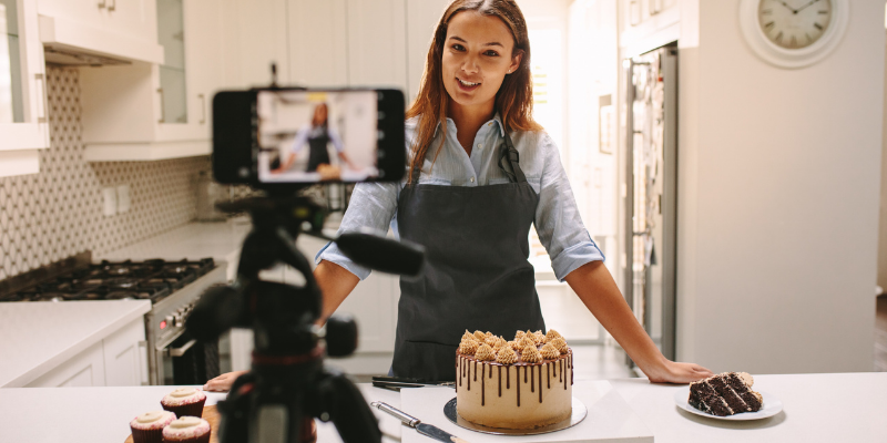 Baker recording a recipe for her social media channels.