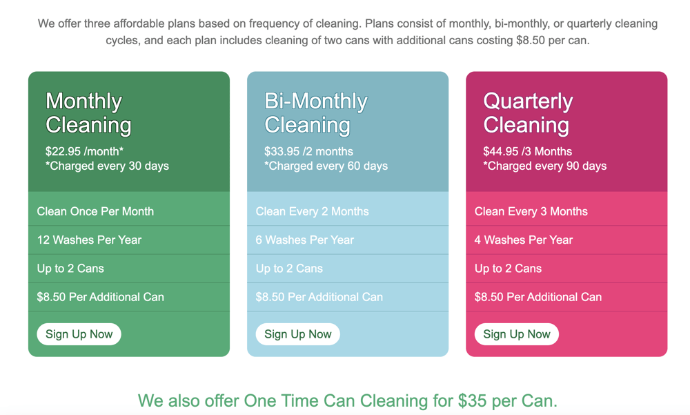 Example pricing sheet from The Clean Can Company in Dallas