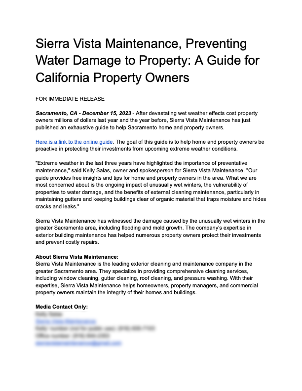 Press Release_ Sierra Vista Maintenance, Preventing Water Damage to Property_ A Guide for California Property Owners