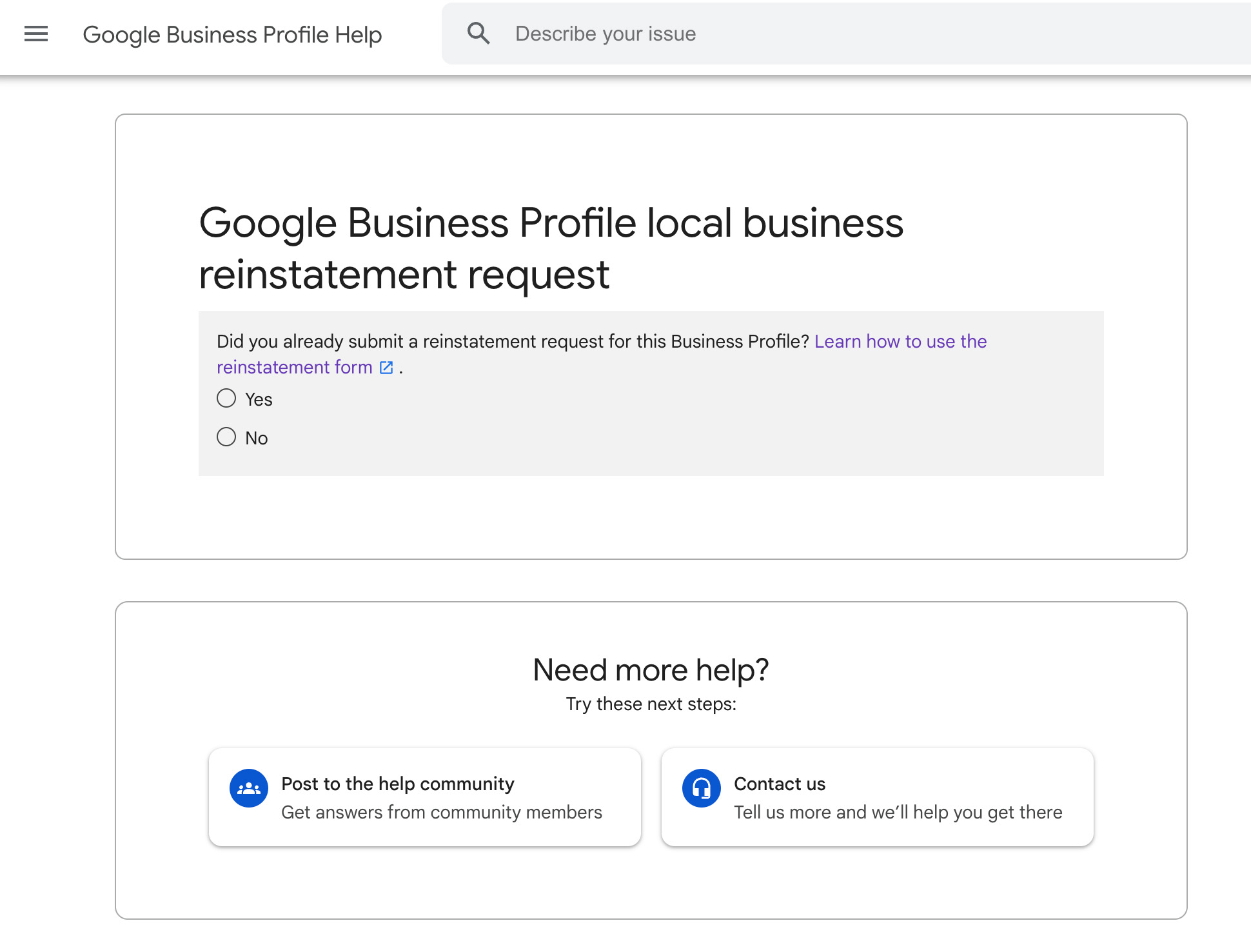 google business profile reinstatement request