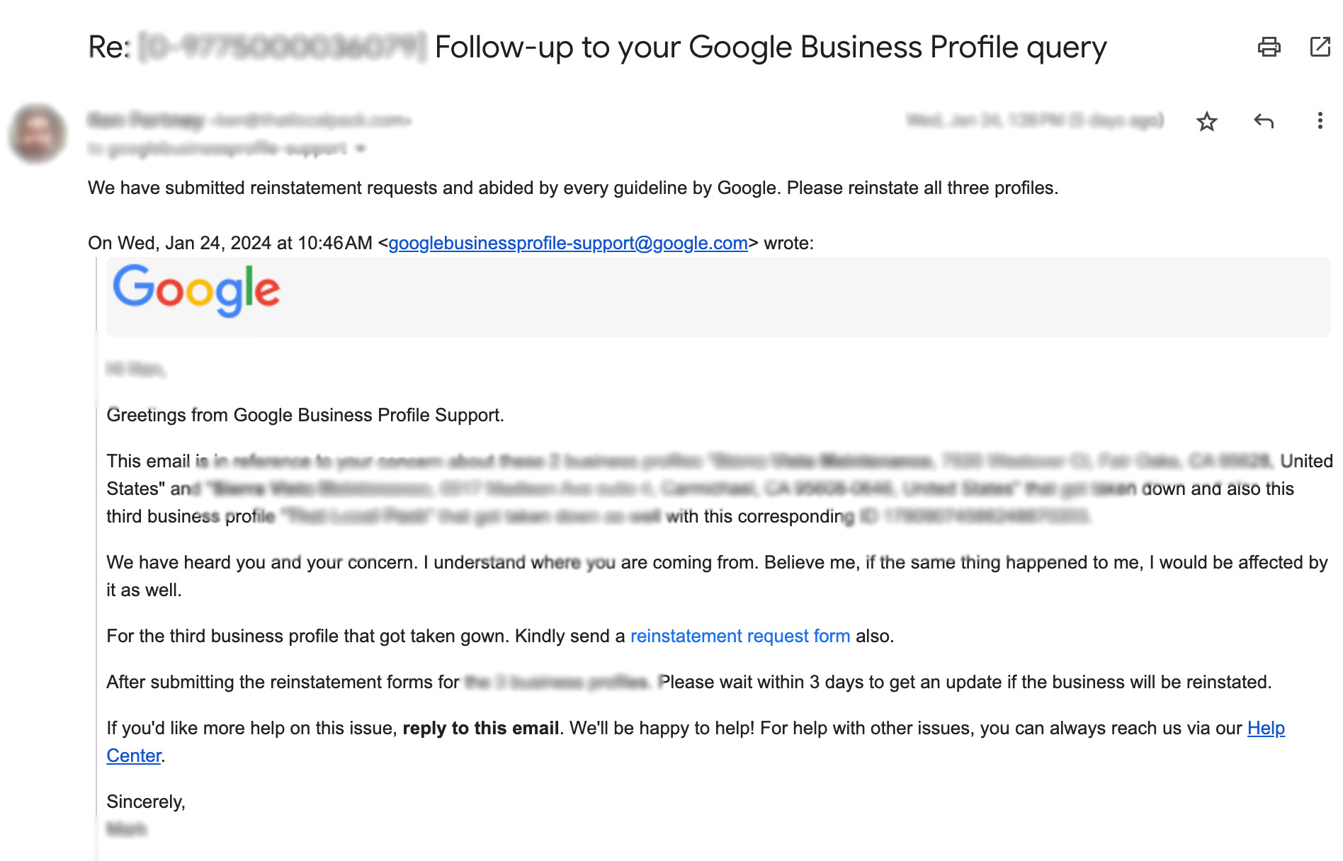 reply to google support email
