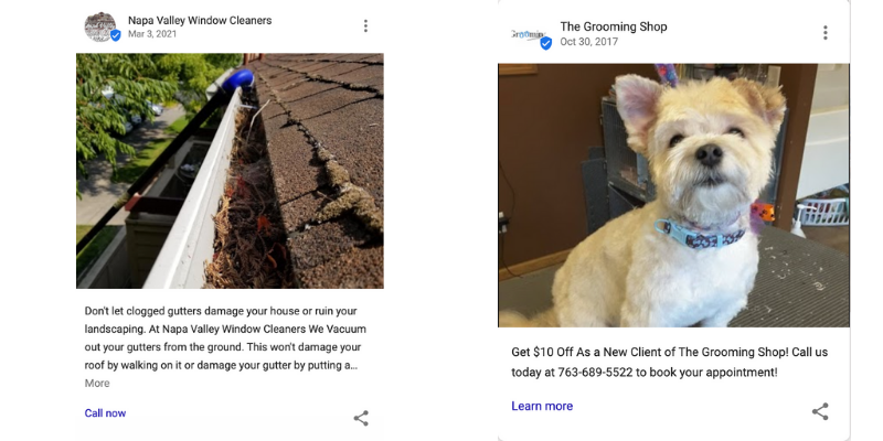 Screenshots of gmb posts from napa window cleaners and the grooming shop.