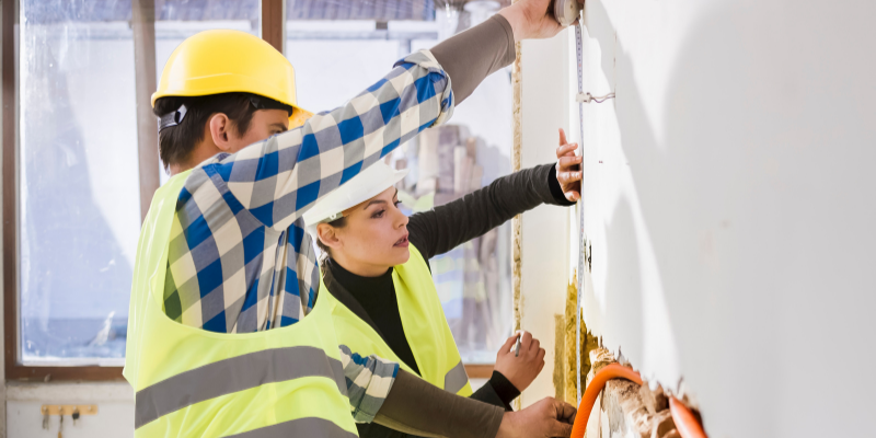 Male and female plumbers wearing safety helmets measuring a pipe. 