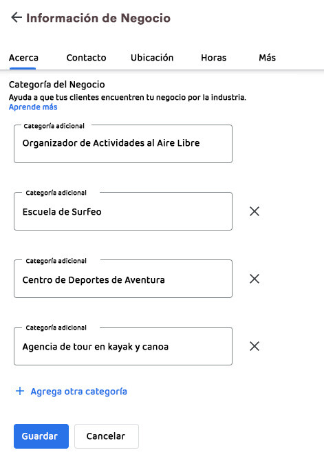 Escogiendo categorias en la Informacion de tu Negocio.