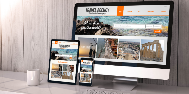 example of a travel agency website page with photos on a desktop, tablet, and phone