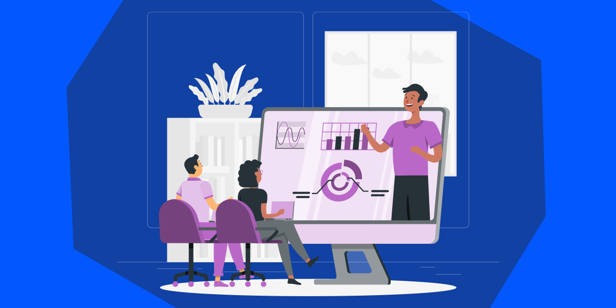 Illustration of a man presenting different graphs and illustration of a woman and man watching the presentation. 