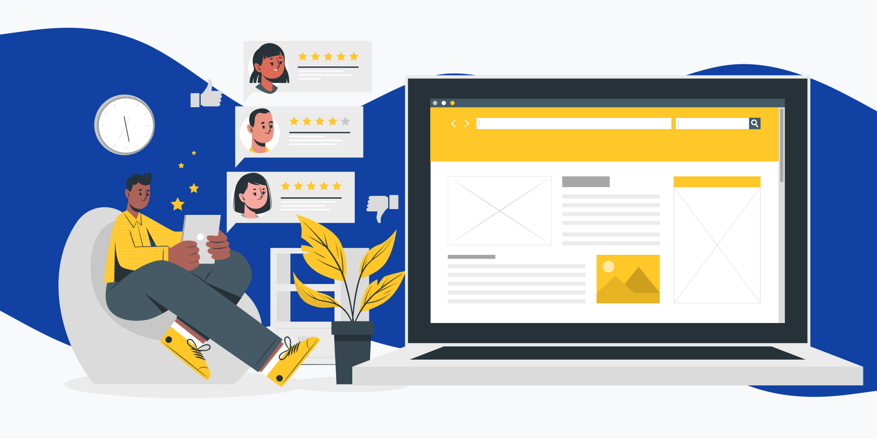 Illustration of a man using a tablet, review and rating in speech bubbles and a laptop with Review site opened. featured_image