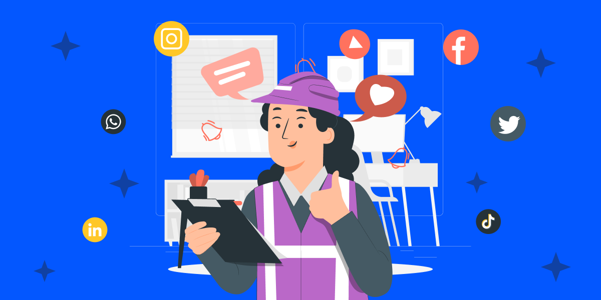 Illustration of a woman wearing safety vest and hat, holding a clipboard. Behind her are a desk, sheet of paper and different social media logos and emojis. 