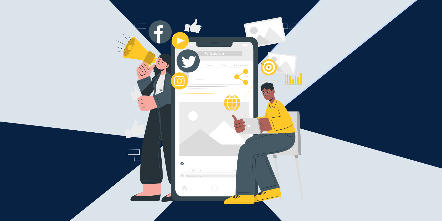 Illustration of a woman using a megaphone, a phone with social media app opened, a man using a tablet and logos of social media sites. featured_image