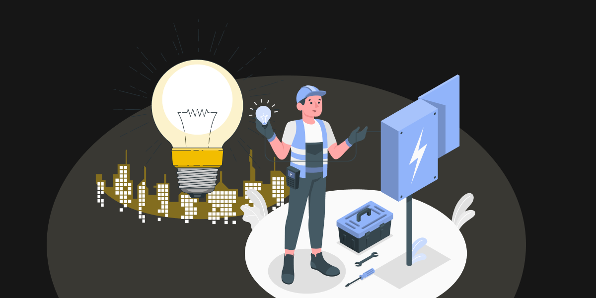 Illustration of a man in front of an electrical panel, beside him are tool box and tools and behind him is an image of an electrical bulb. featured_image