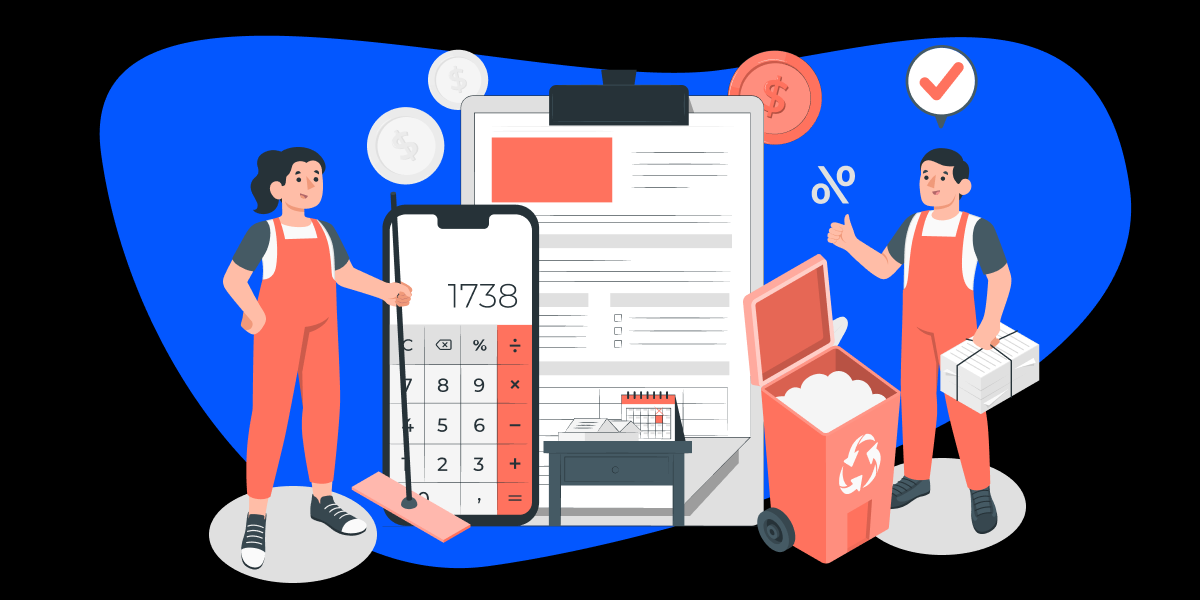 Illustration of two cleaners, template and a calculator. 