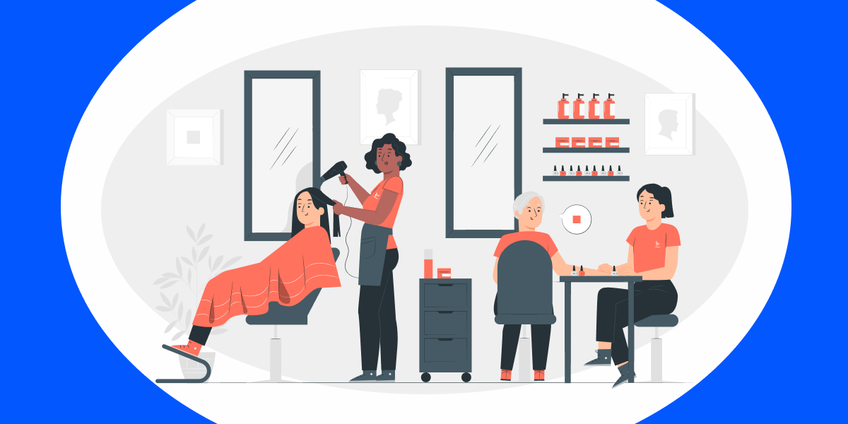 Illustration of hairstylist, nail technician doing services for their two customers inside a salon. 