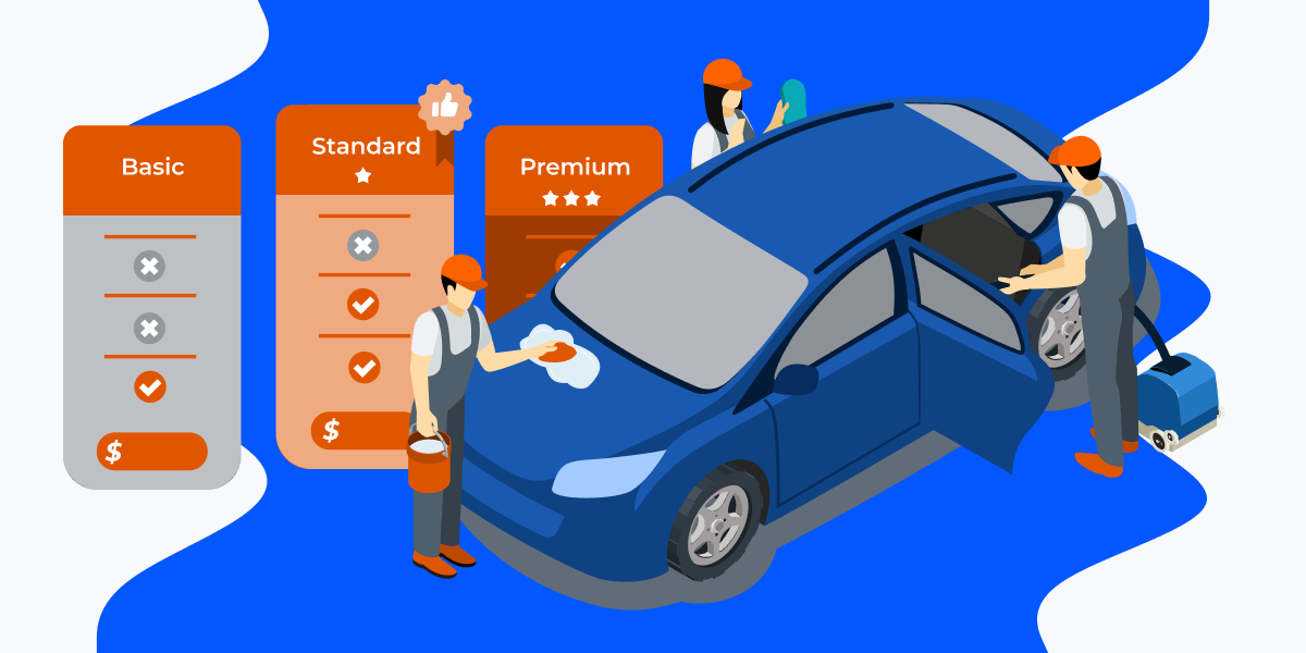 Illustration of two men, a woman cleaning a blue car and illustration of pricing template. 