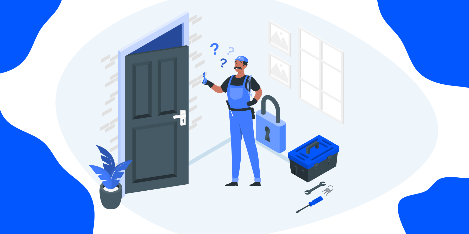 Illustration of a man in front of the door beside a lock and tool box. 