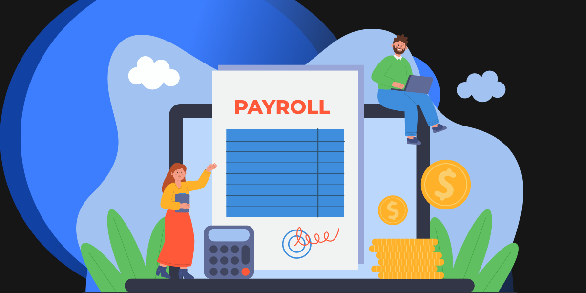 Illustration of a woman holding a tablet and a man holding a laptop, beside them is a payroll template and calculator. featured_image