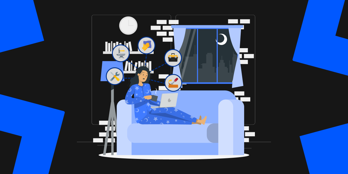 Illustration of a woman sitting on a couch using a laptop, with different home services tools images. featured_image