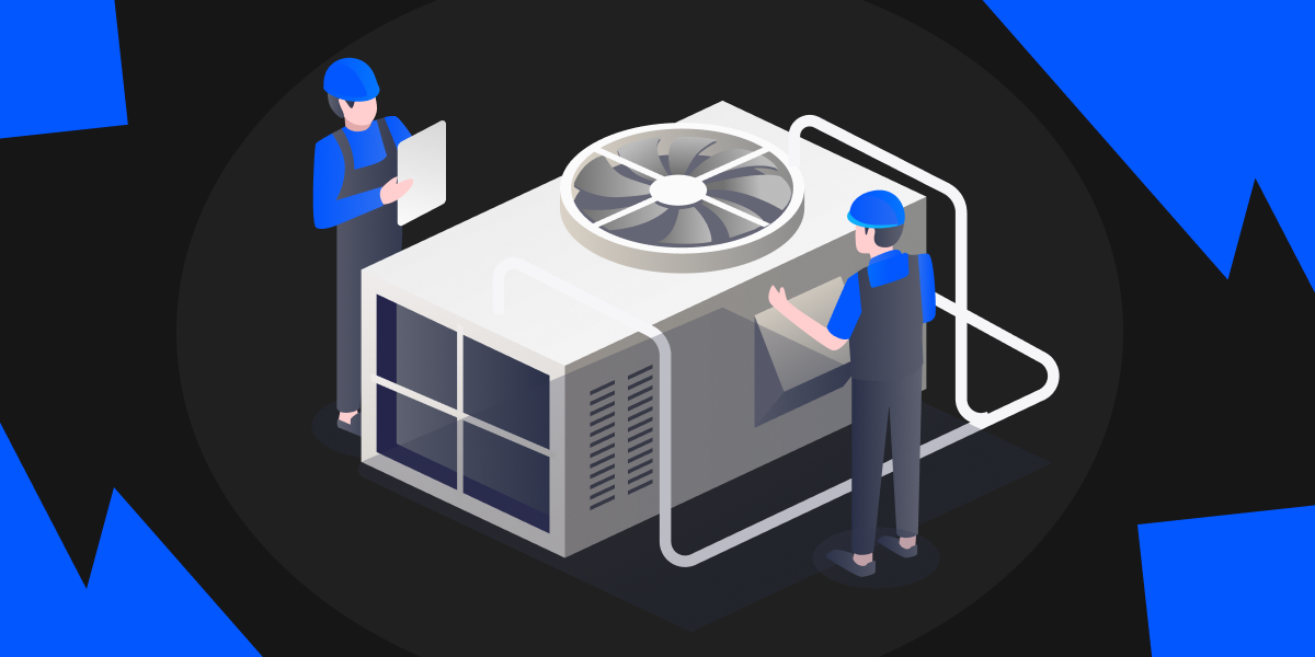 Illustration of two man one fixing HVAC system and one holding a clipboard. 