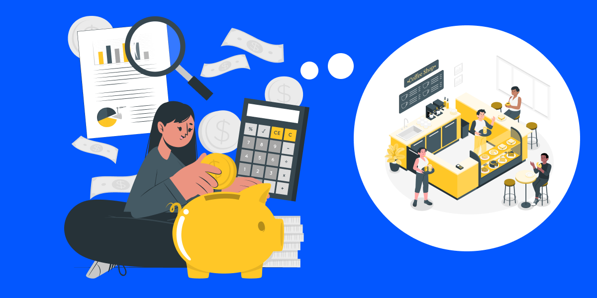 Illustration of a woman holding a piggy bank, and calculator, in her thought bubble is a coffee shop. 