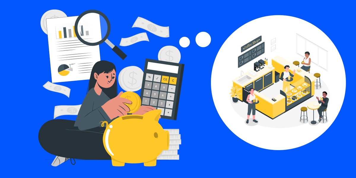 Illustration of a woman holding a piggy bank, and calculator, in her thought bubble is a coffee shop. featured_image