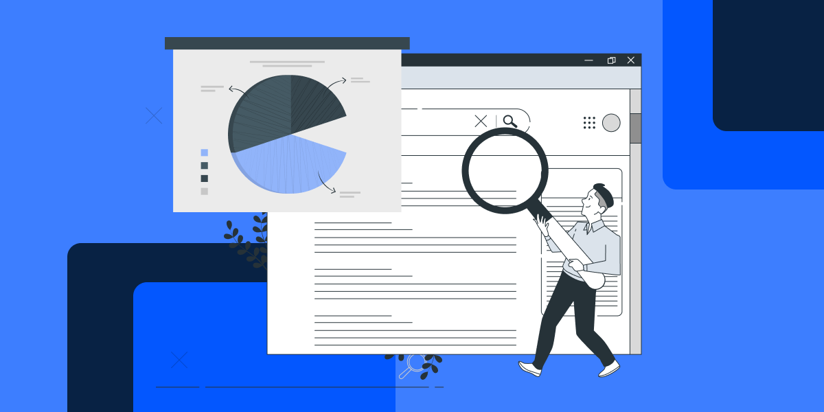 Illustration of a man holding magnifying glass, search engine and pie graph. featured_image