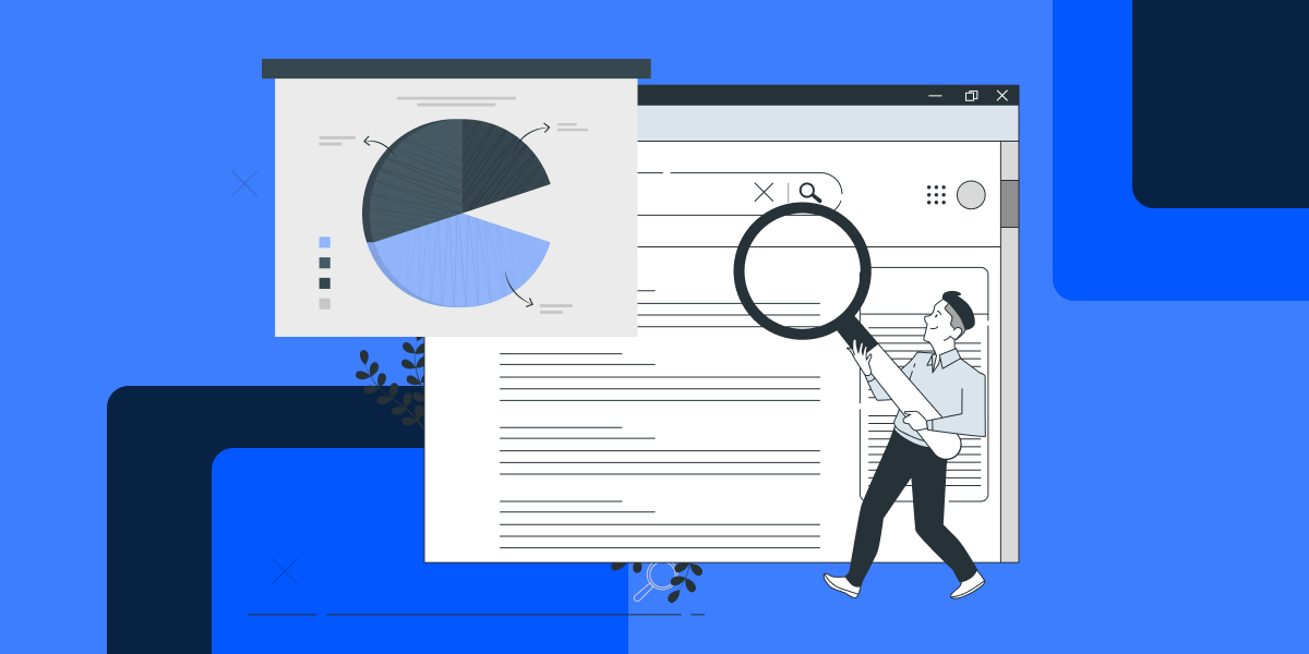 Illustration of a man holding magnifying glass, search engine and pie graph. 