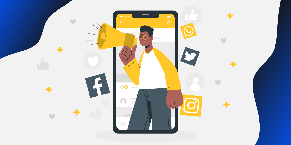 Illustration of man holding a megaphone and standing behind a mobile phone, surrounded by different social media logos.