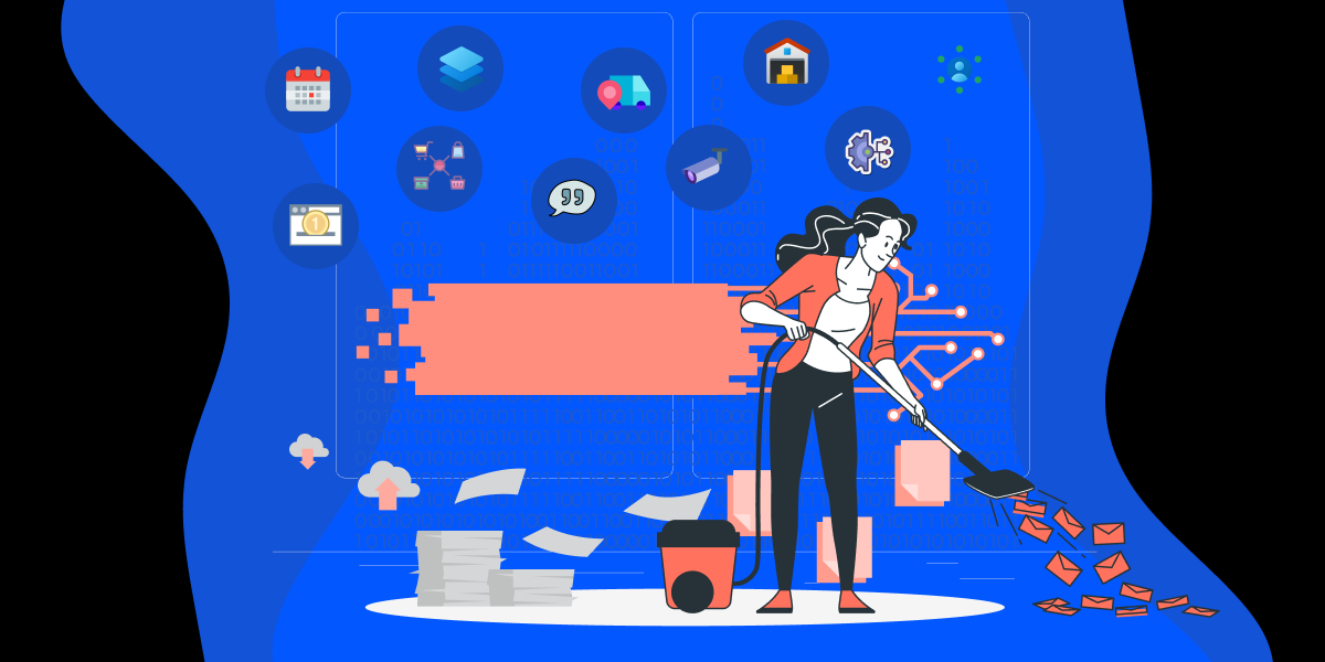 Illustration of a woman using a vacuum cleaner, behind her are different icons for small business technologies. 