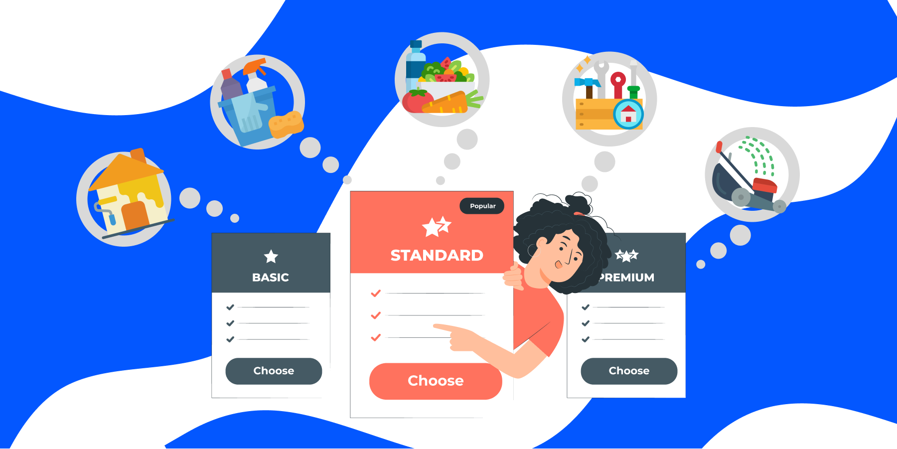 Illustration of a woman presenting different pricing scheme and home service businesses icons. featured_image