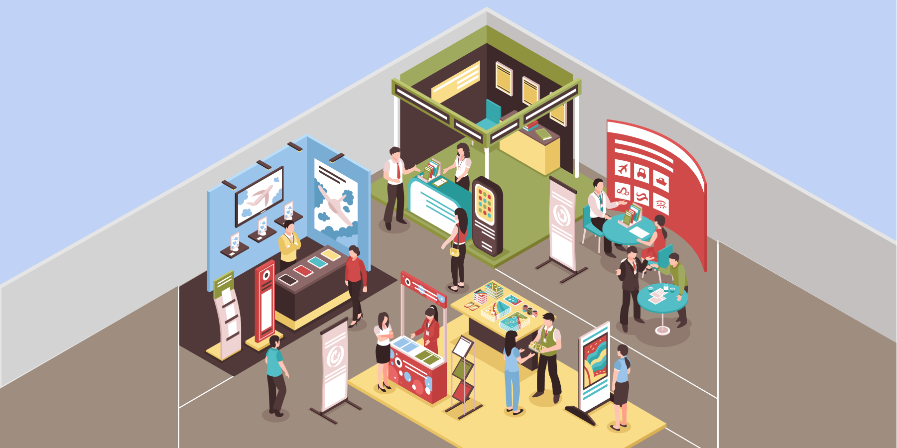 Illustration of a trade show with different booths, owner and event-goers. 