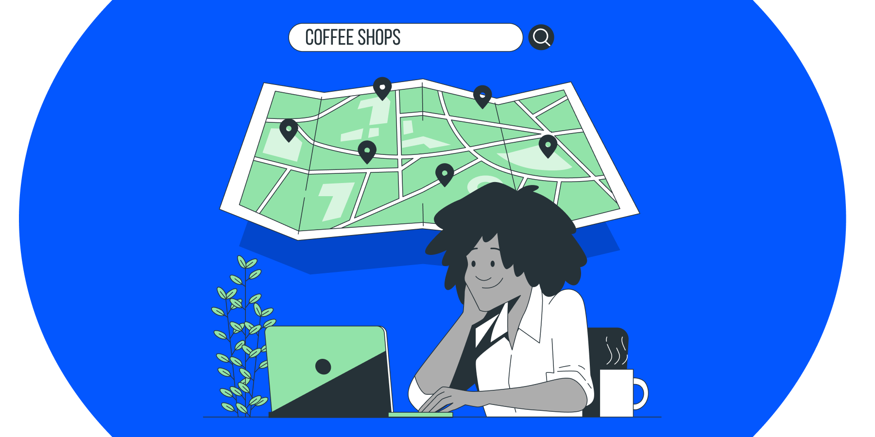 Illustration of a woman using a laptop beside her is a map with pin places. 