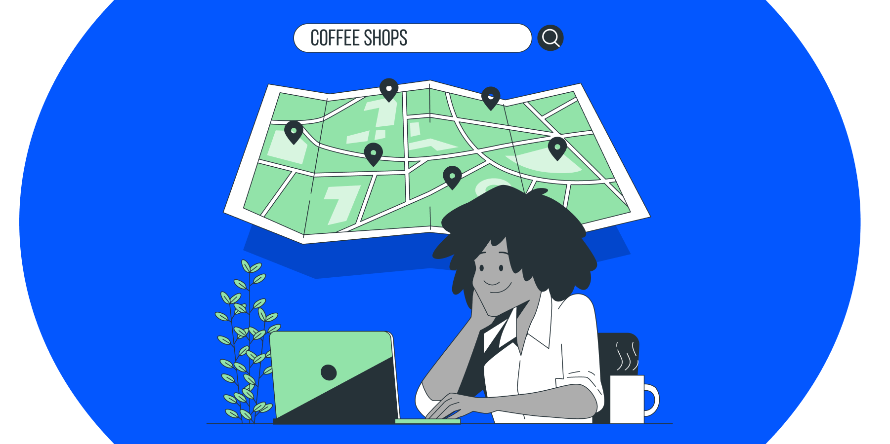 Illustration of a woman using a laptop beside her is a map with pin places. featured_image