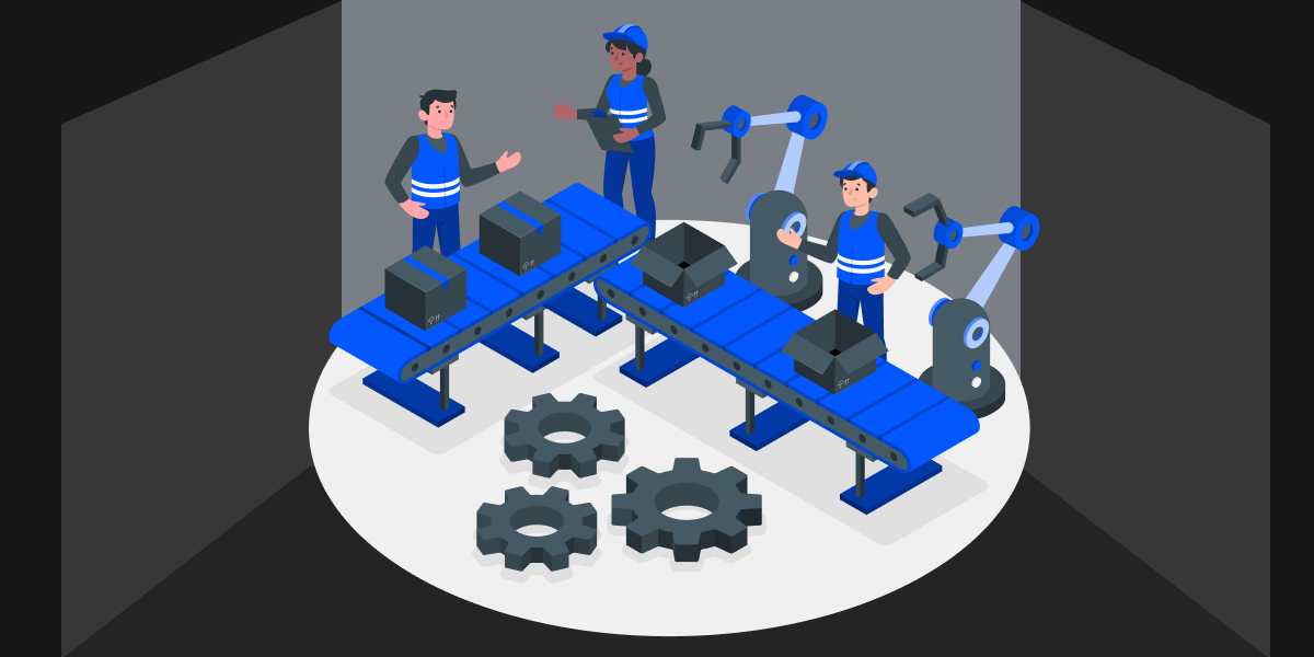 Illustration of skilled professionals working in an assembly line. 