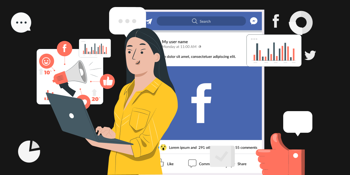 Illustration of a woman using a laptop, behind her are images of search engine with Facebook account displayed, megaphone, like button and  graphs. 