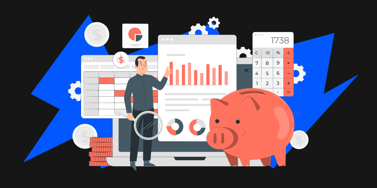 Illustration of a man, different graphs, spreadsheet, calculator and piggy bank. 