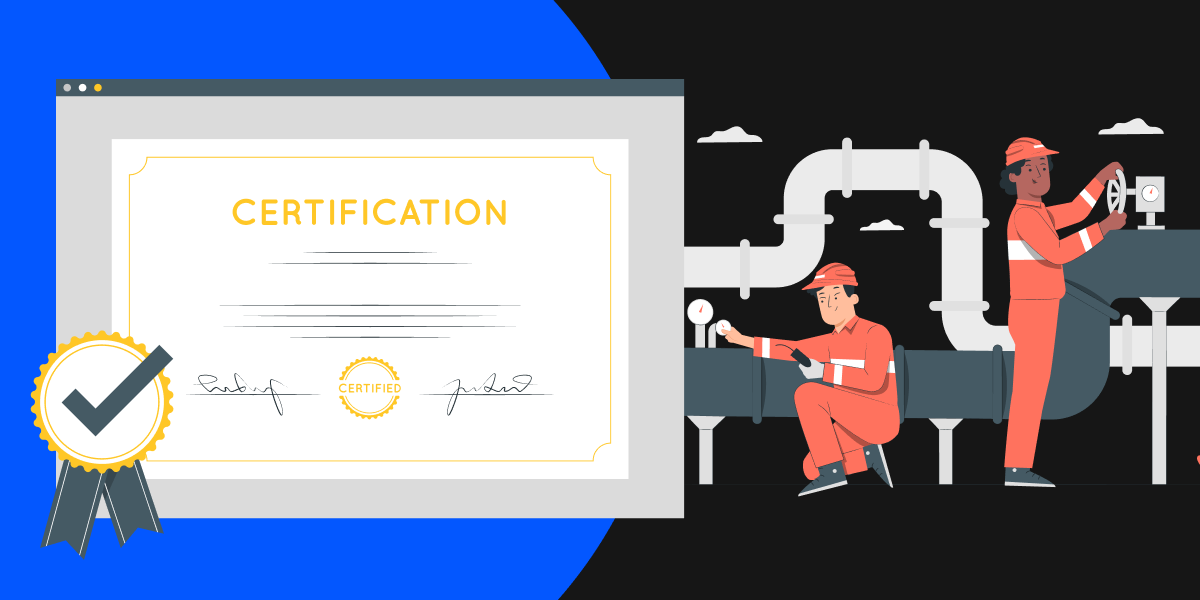 Illustration of two plumbers, pipeline and a certificate. 