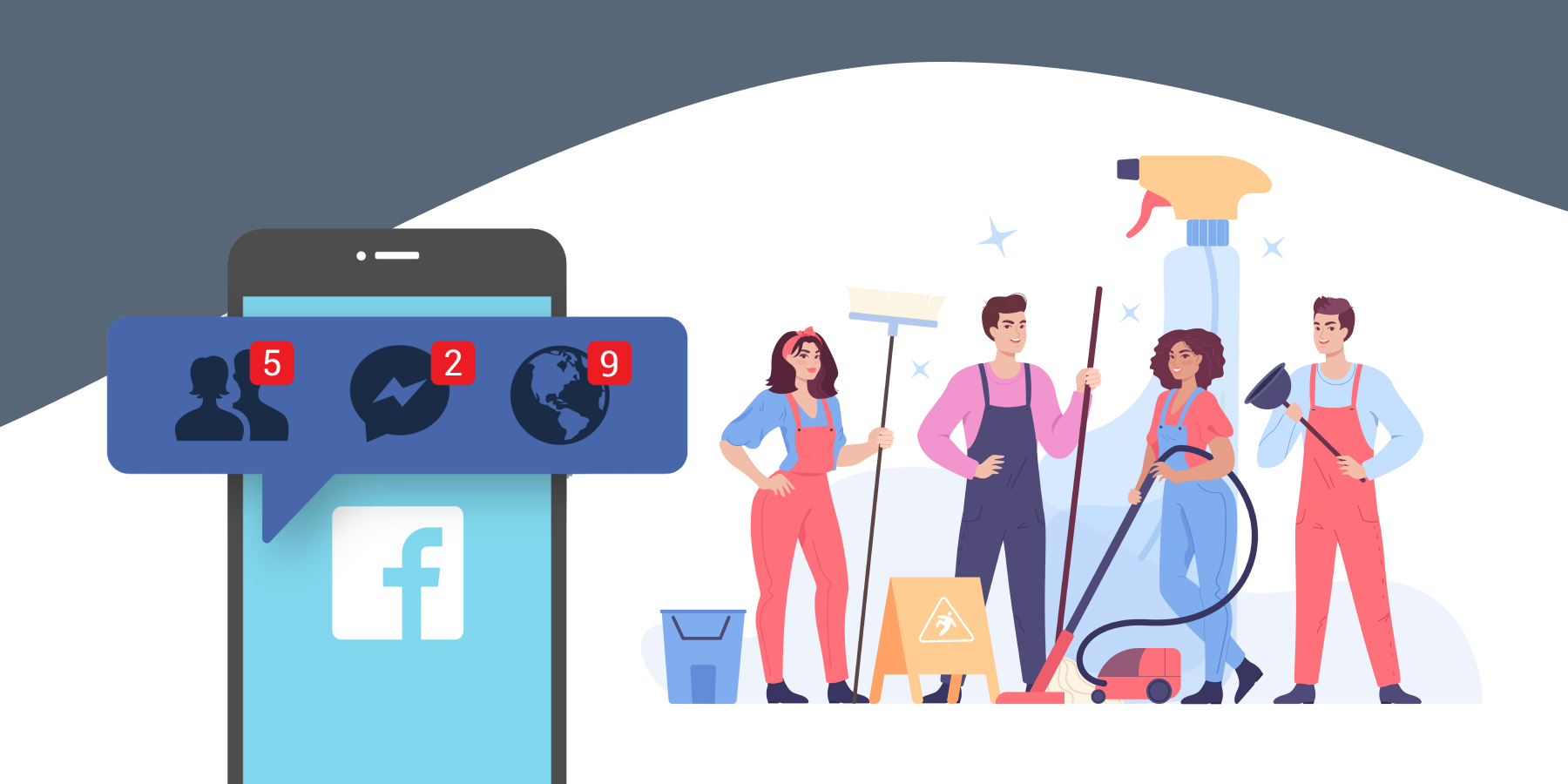 Illustration of Facebook app opened on mobile phone, highlighted is notification bar and illustration of cleaners and plumber. 