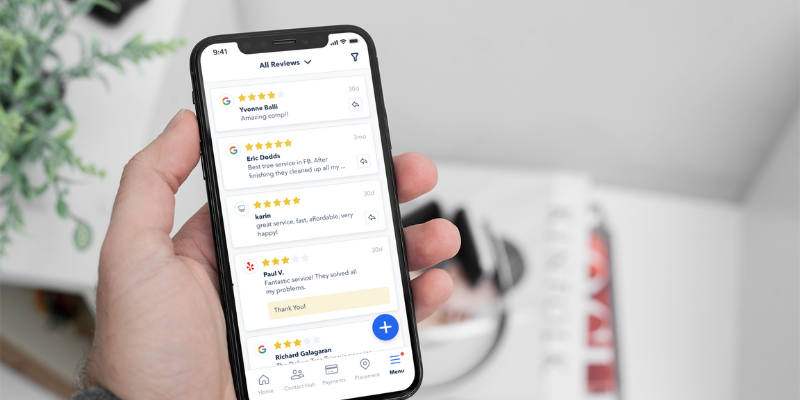 Phone screen showing a business' reviews.
