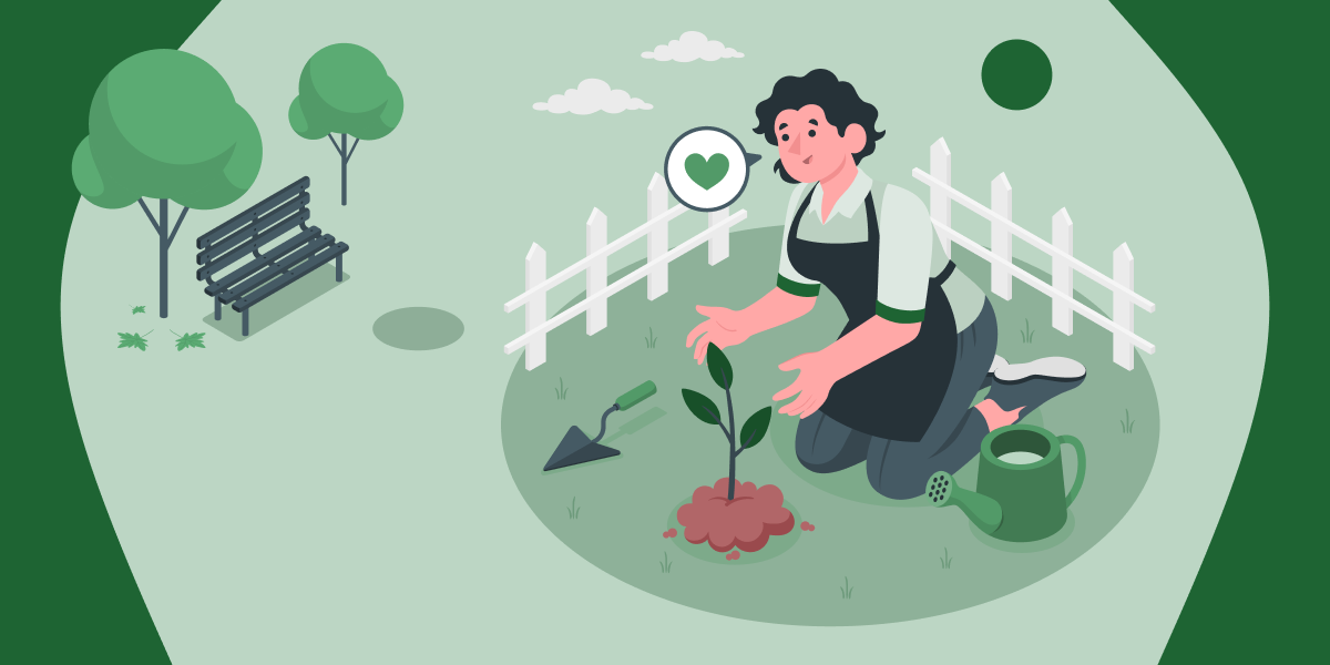Illustration of a woman in a garden doing some landscaping work.