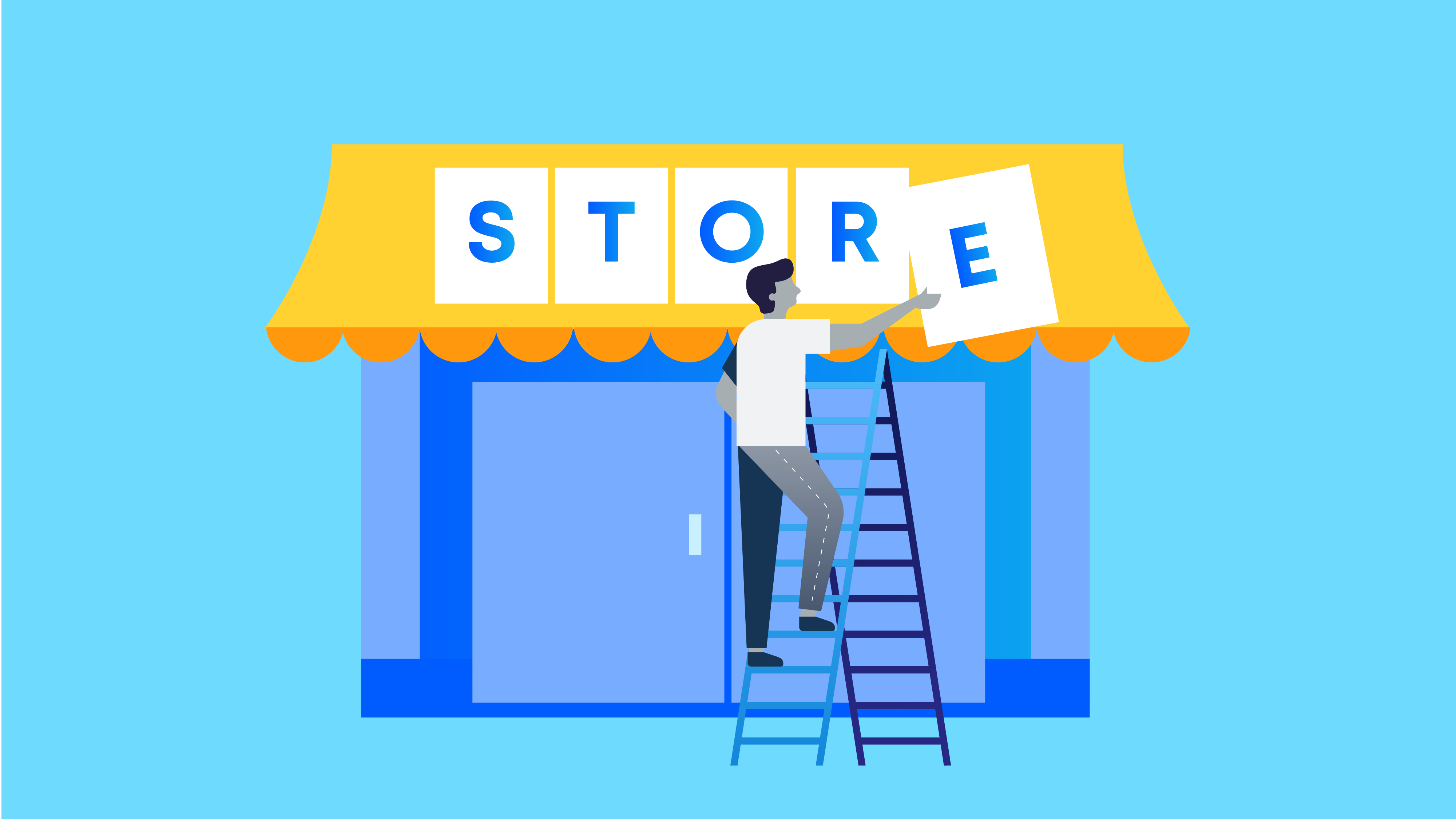 Illustration of business owner on a ladder while naming his storefront. 