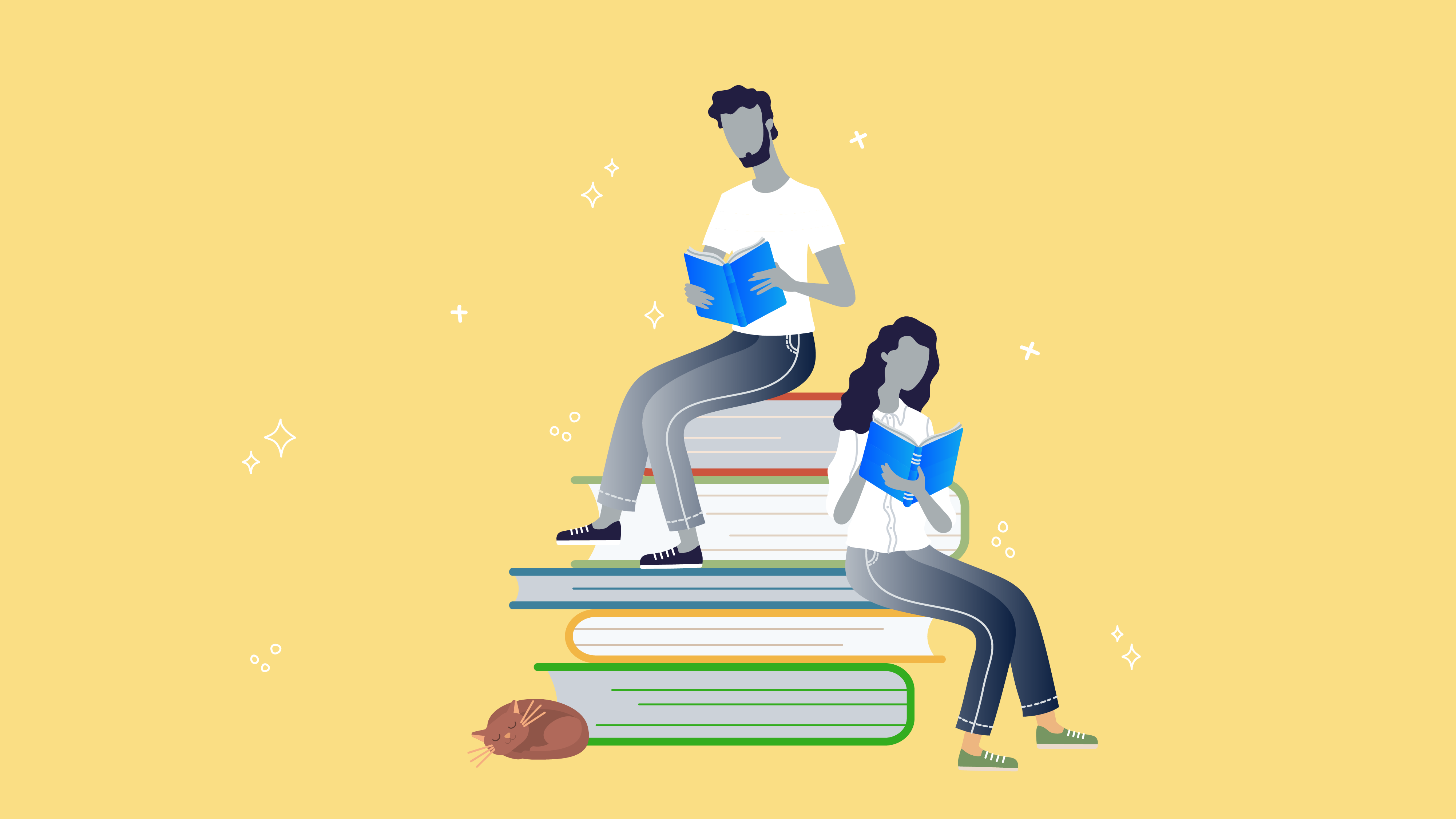 Illustration of two people sitting on a large pile of books.