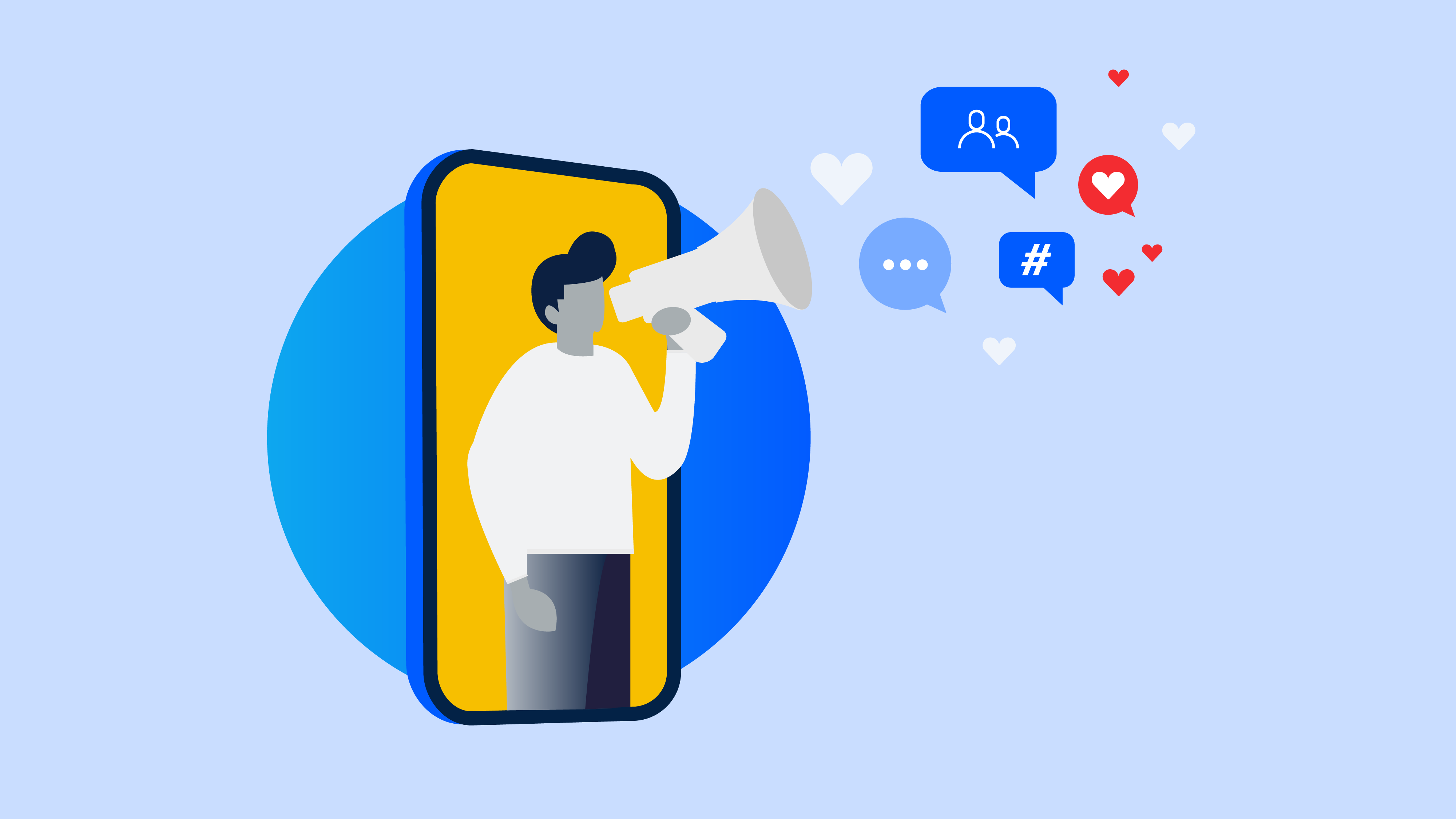 Illustration of a megaphone with social media icons.