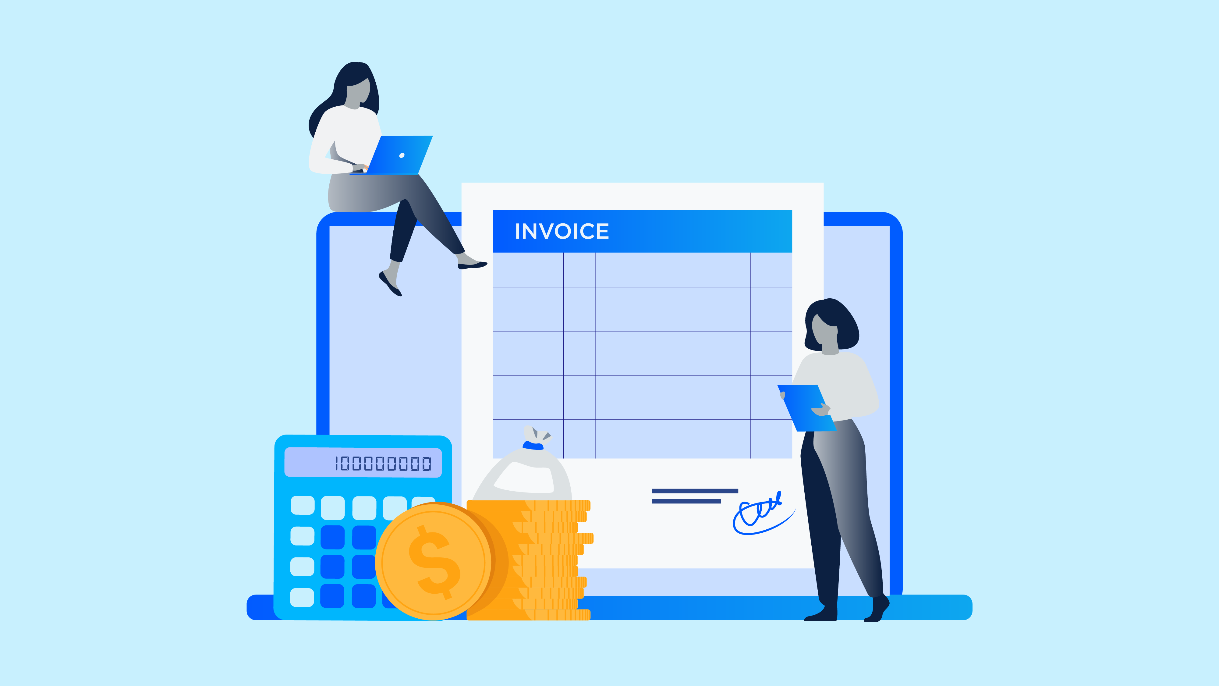 Illustration of a business owners customizing an invoice template.
