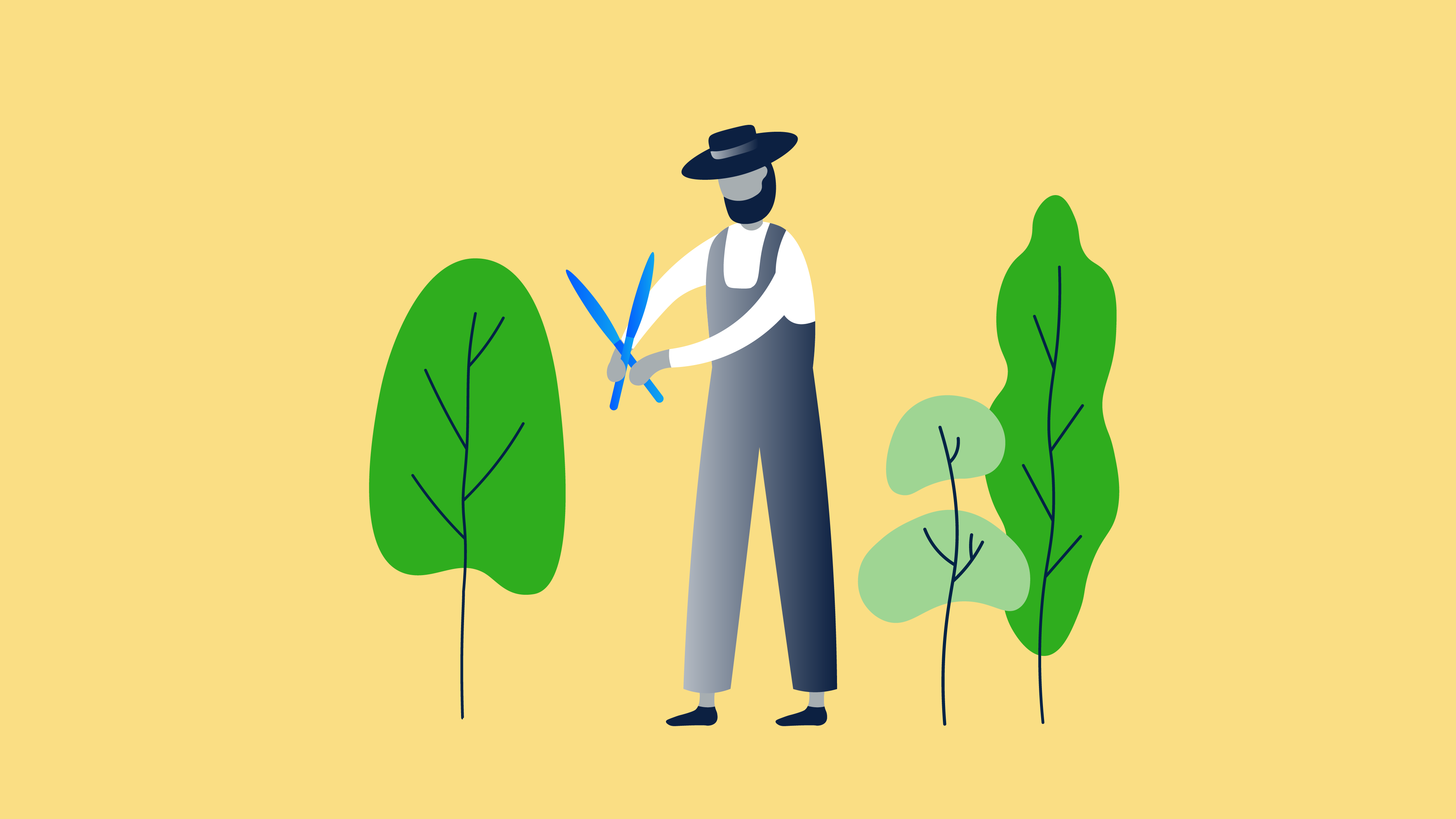 Illustration of a man holding a gardening scissors, surrounded by plant and trees. 