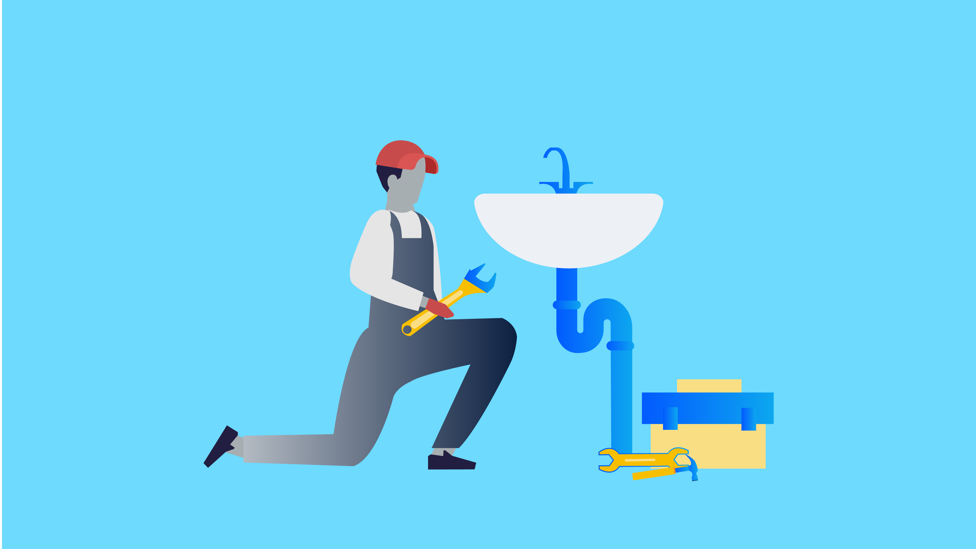 Illustration of plumber with his tools fixing a sink. 