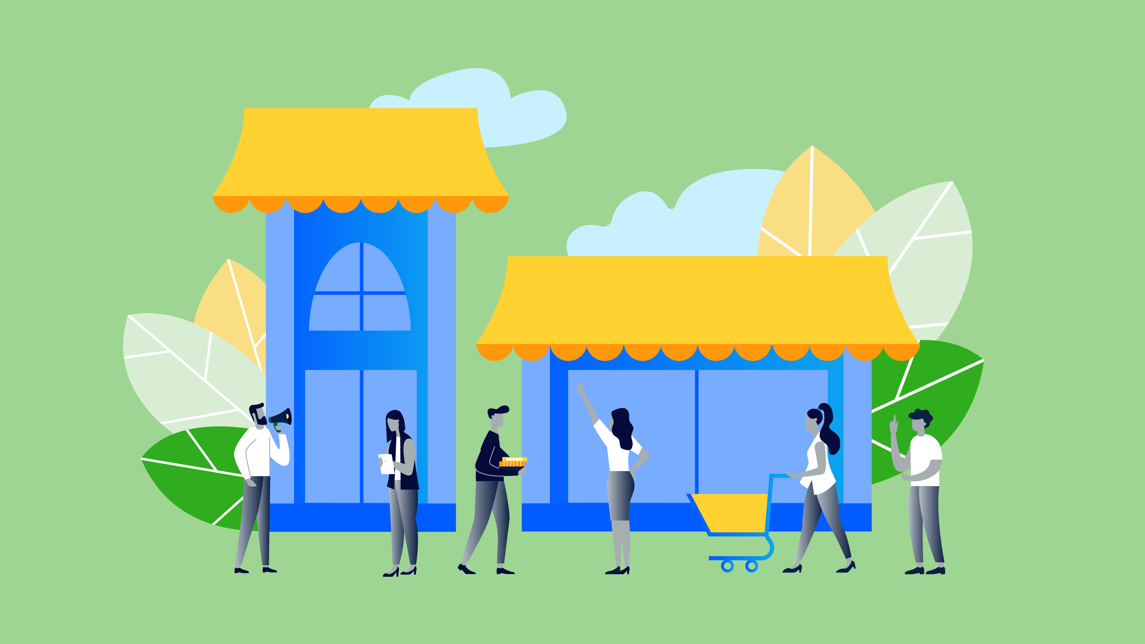 Illustration showing busy small business storefronts. 