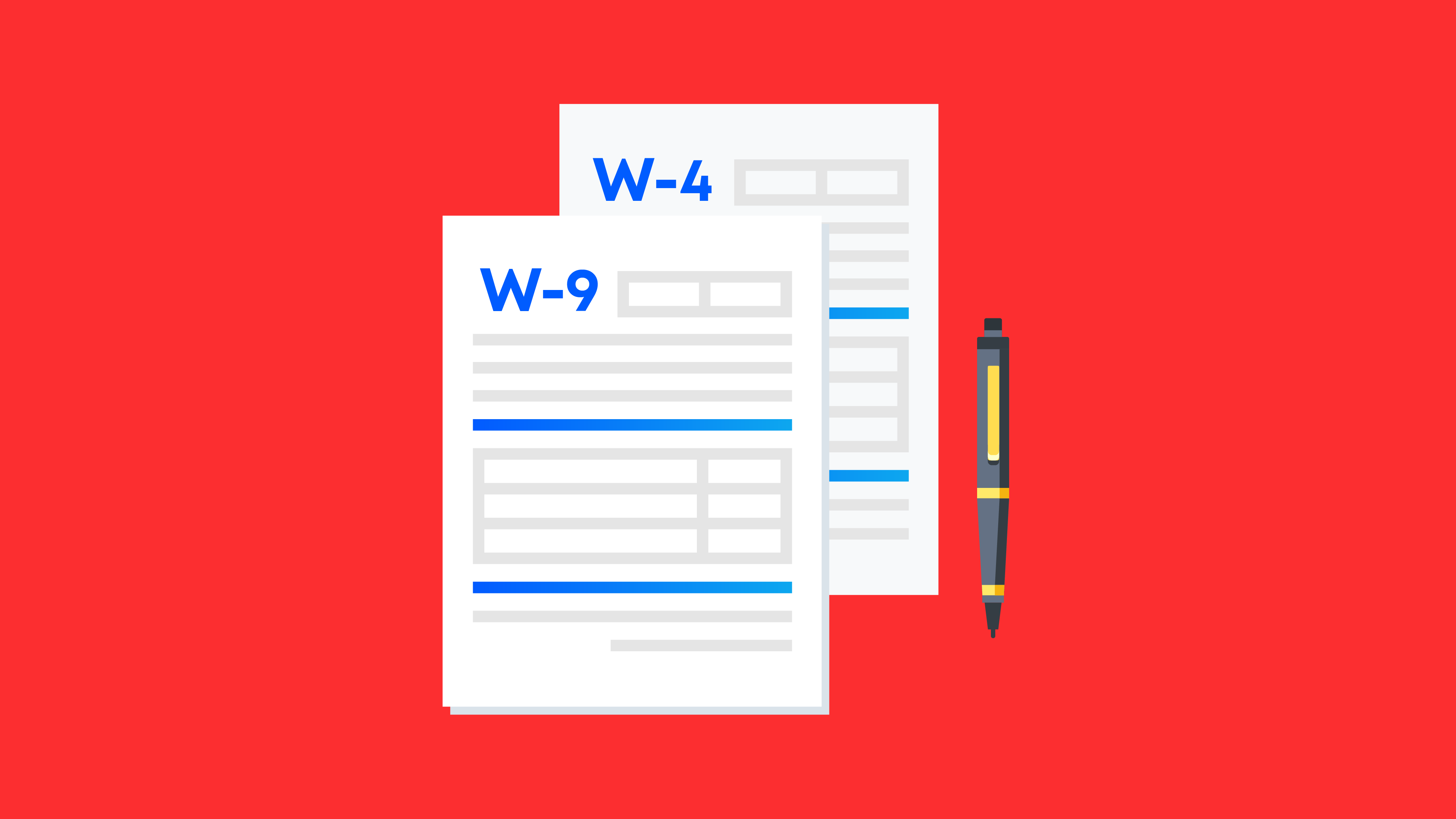 Illustration of W-4 and W-9 forms. 