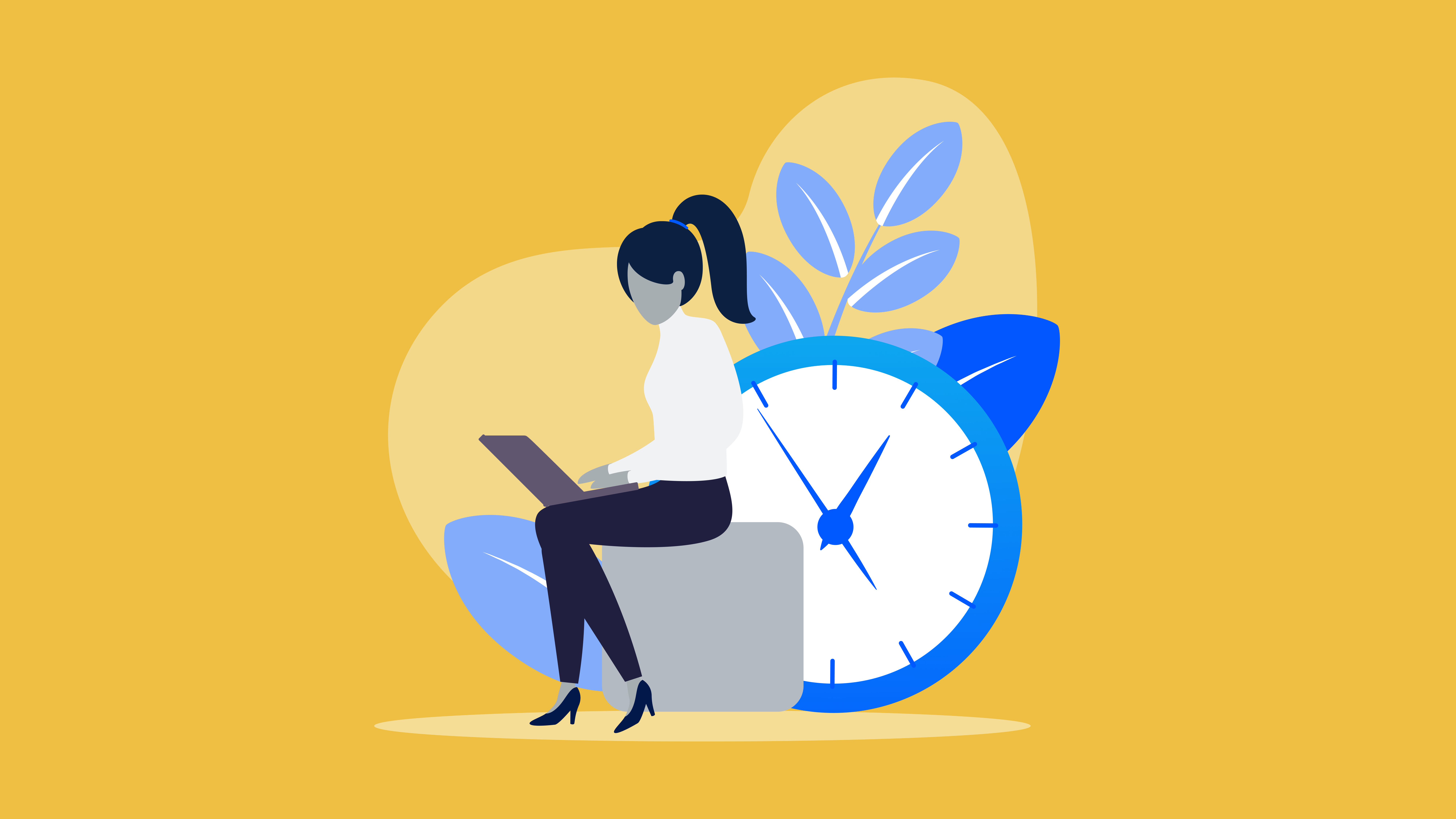 Illustration of a woman sitting and holding a laptop, beside her is a clock. 