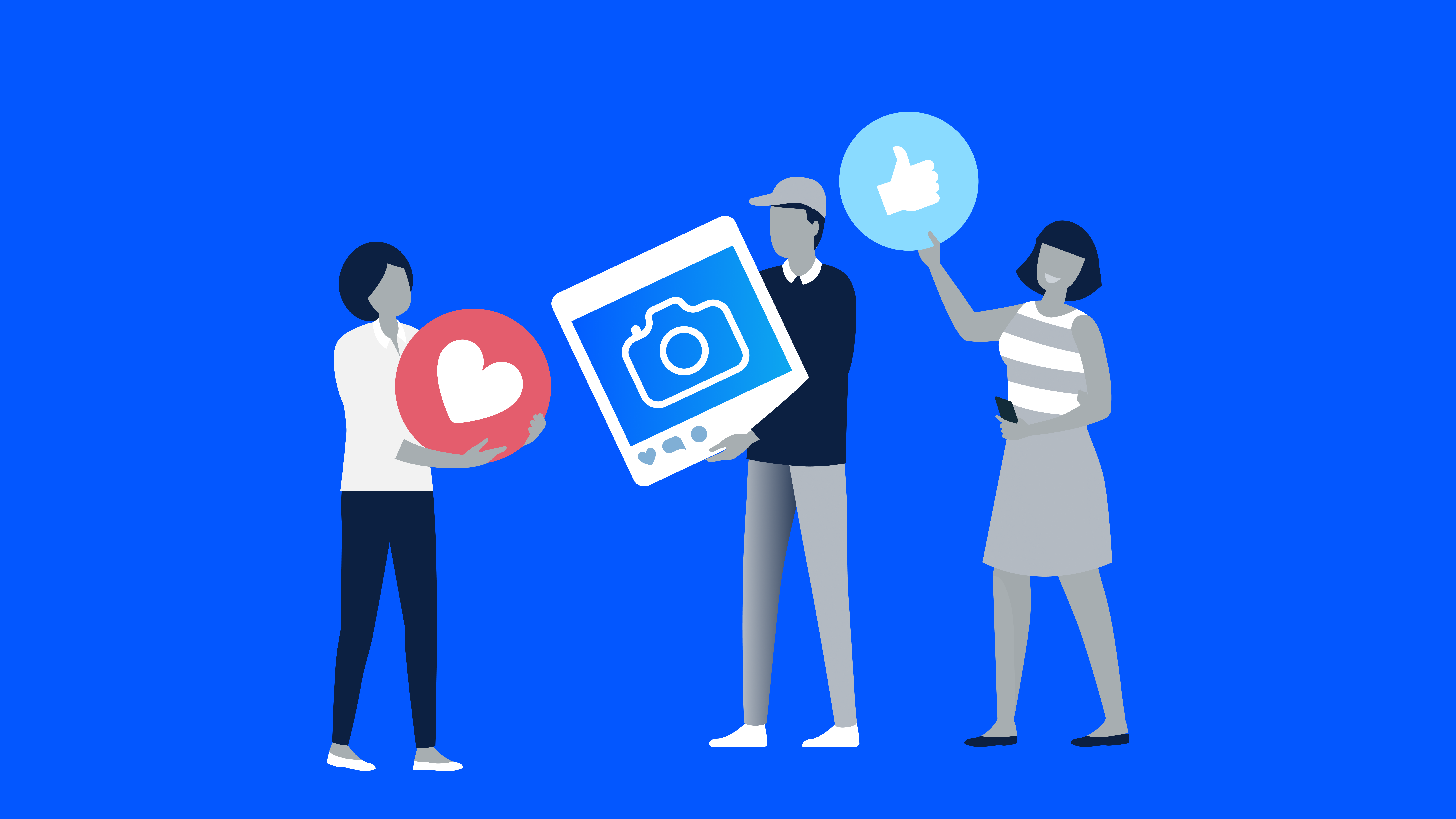 Illustration of a woman holding heart emoticon, man holding a camera emoticon and a woman holding a like emoticon. 